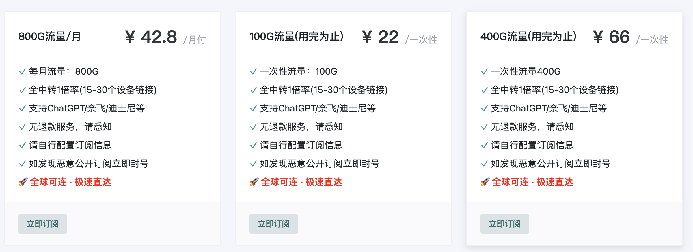 淘气兔机场大流量套餐价格图，展示 800G 月付以及 100G、400G 一次性流量包